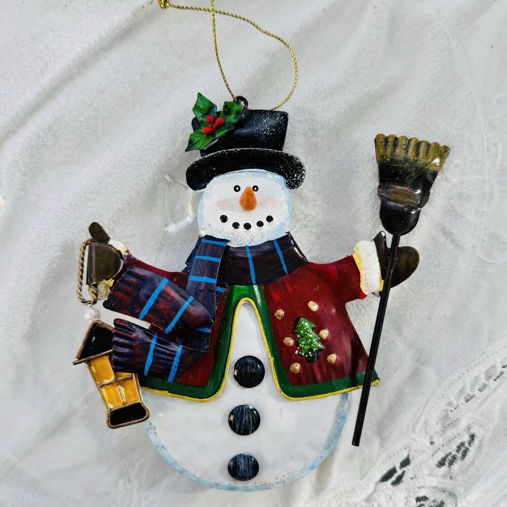 Handcrafted Vintage Style Metal Snowman Christmas Ornament 6”x5” Lantern Broom